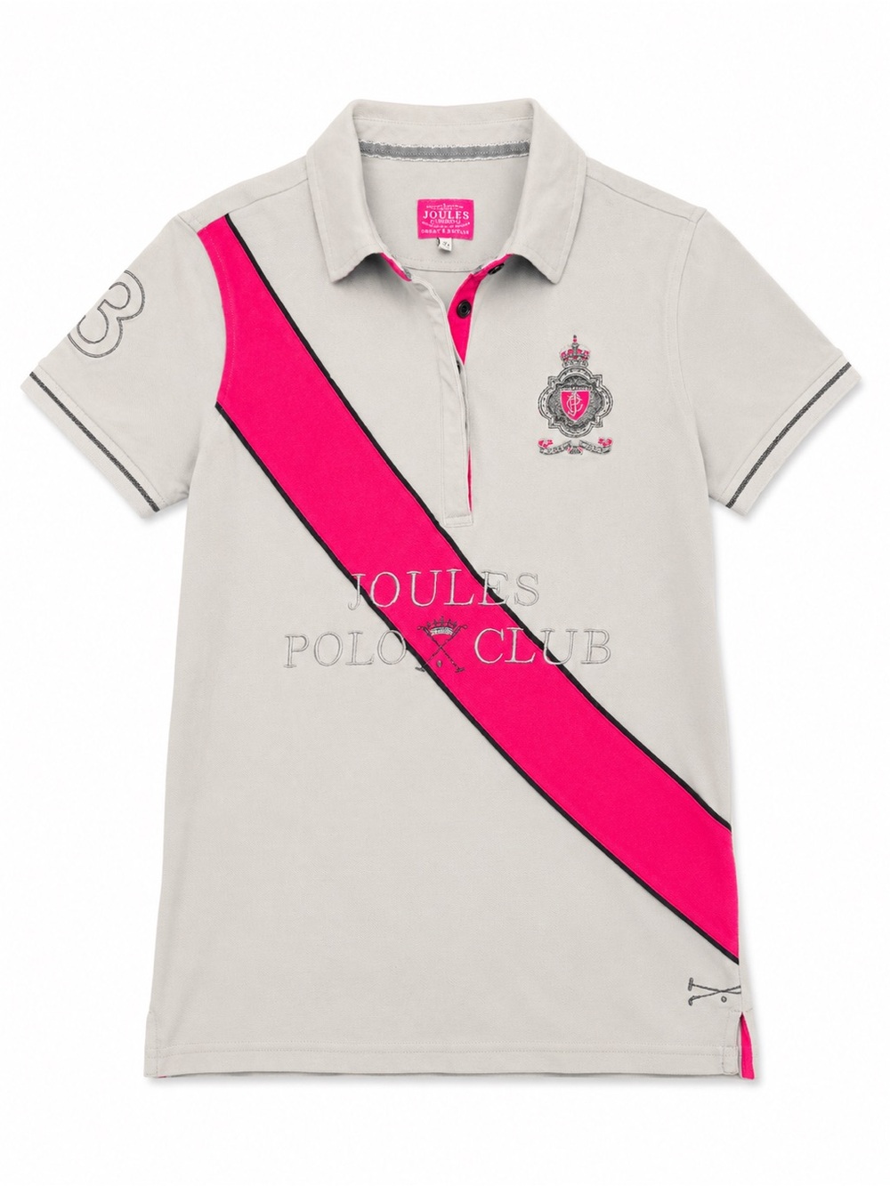 Joules Polo Club Grey & Hot Pink Embroidered Polo Shirt Equestrian Preppy